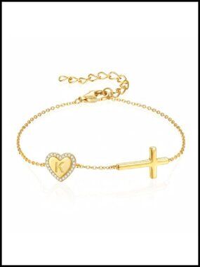 Sterling Silver Initial Cross Bracelet Dainty Heart 18k Gold Plated Charm